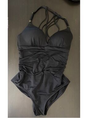 Athleta Black Ruched Plunge One Piece Swimsuit – Strappy Back Size S